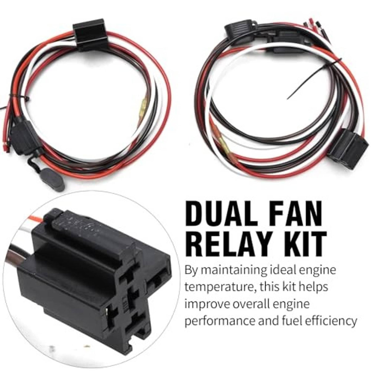 Dual fan relay kit with two wiring harnesses and black relay module and sensor