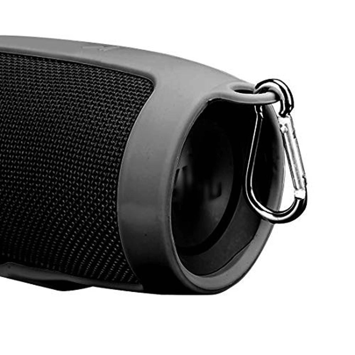Black silicone speaker case cover showing side opening and carabiner clip