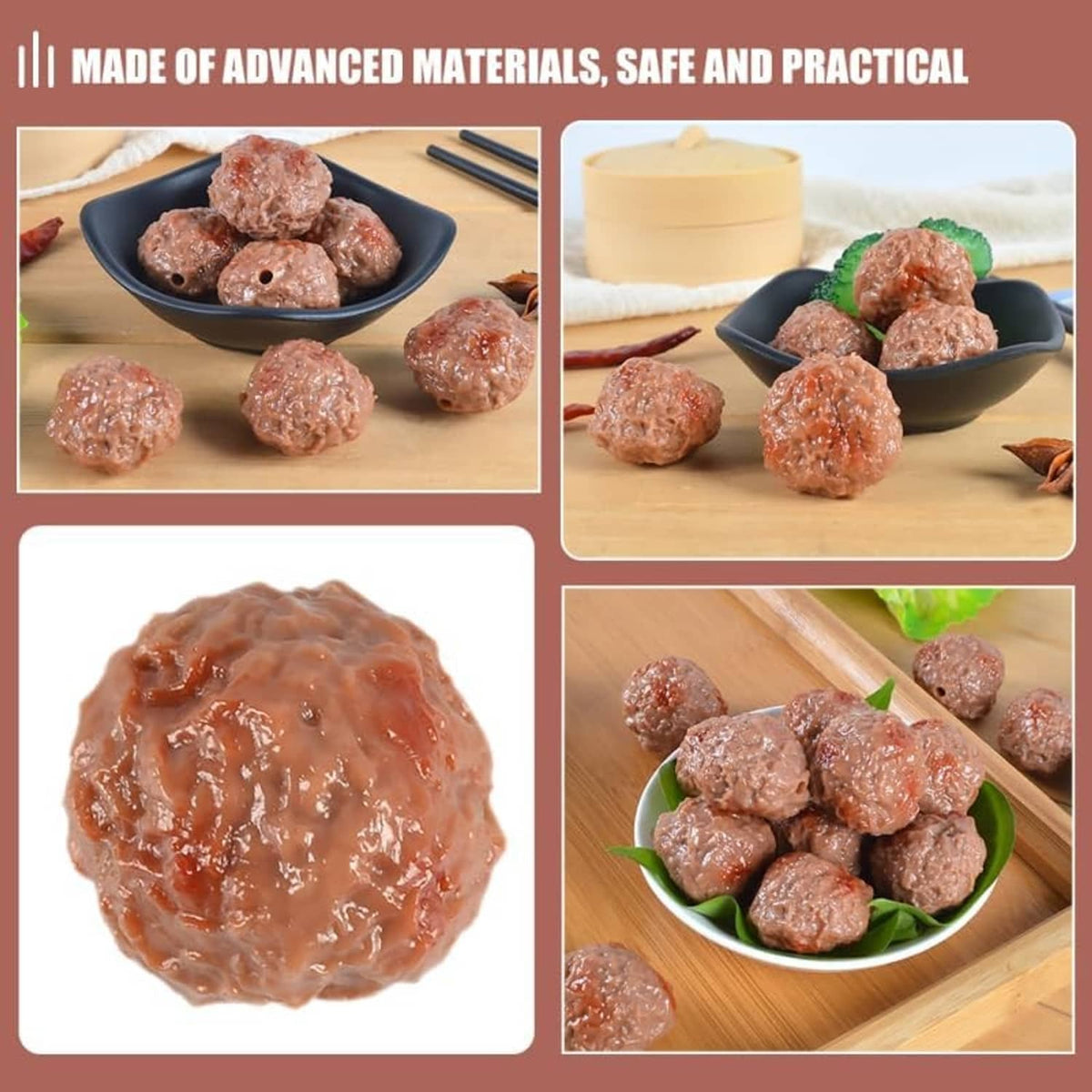Artificial beef meatball set of 6, brown balls shown from multiple angles
