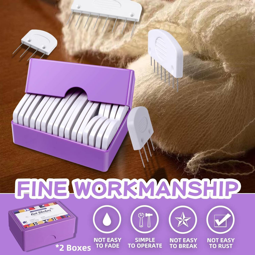 Purple storage box with knit blocking pins and multiple white blocker bases