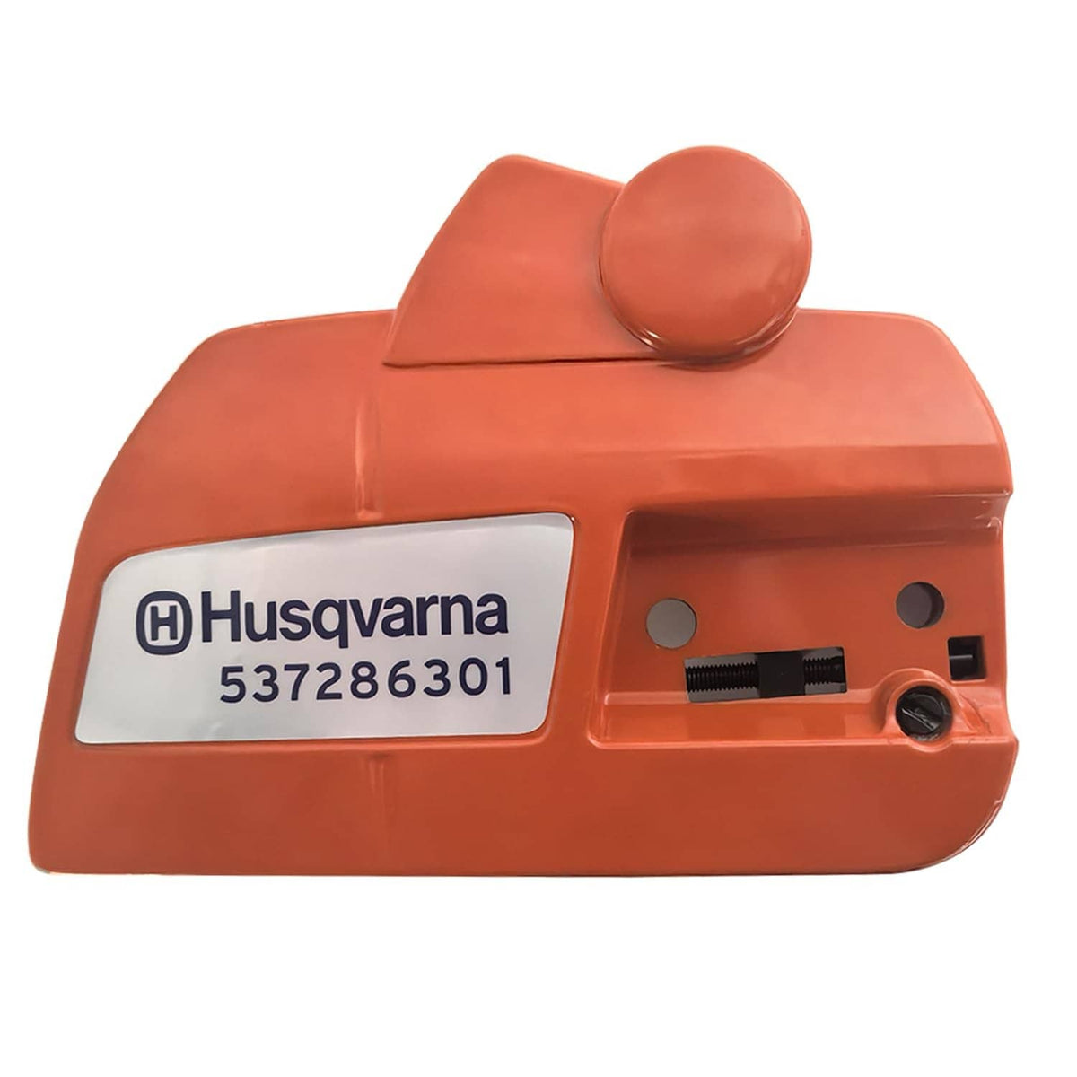 Husqvarna orange chainsaw clutch cover with brake, model label 537286301