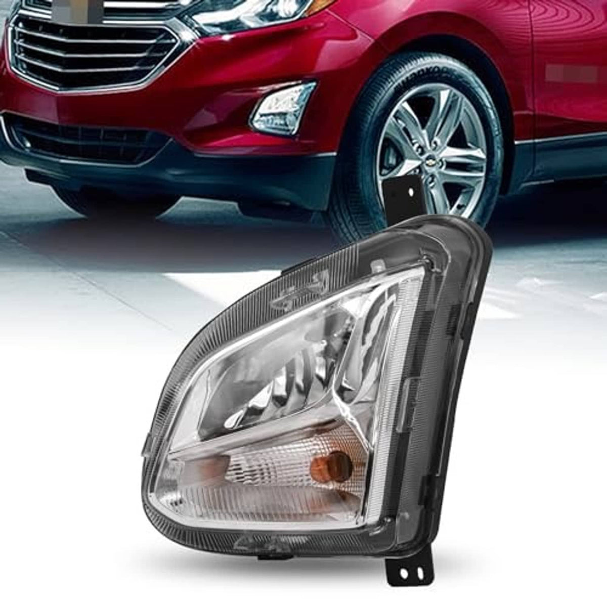 Front fog light assembly with clear lens, chrome reflector, and mounting bracket