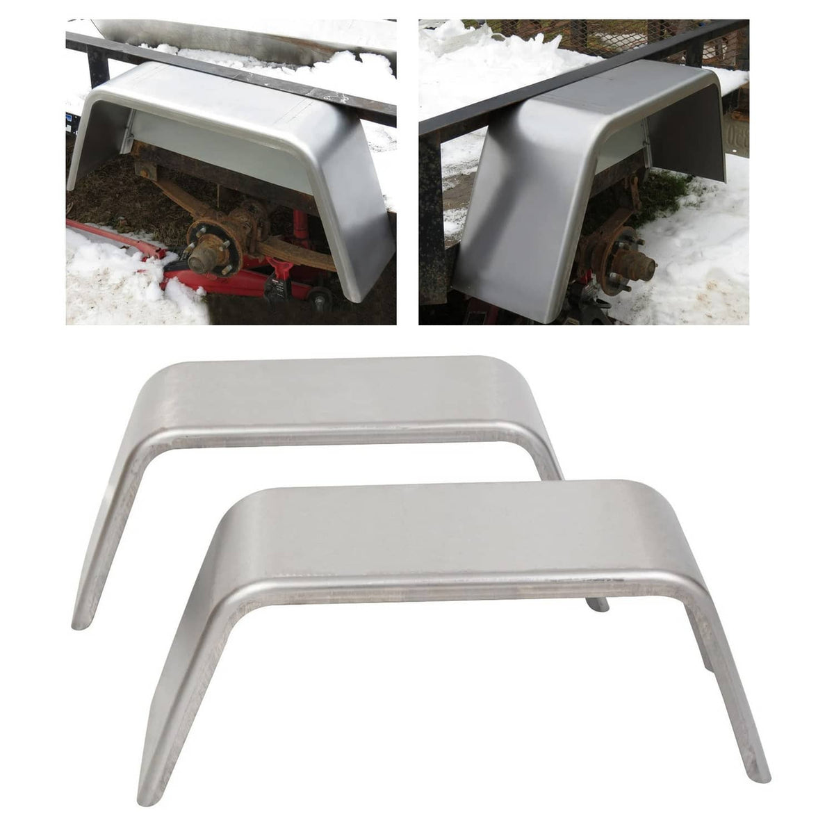 Trailer wheel fender set, light gray metal, installed over rear axle and wheel