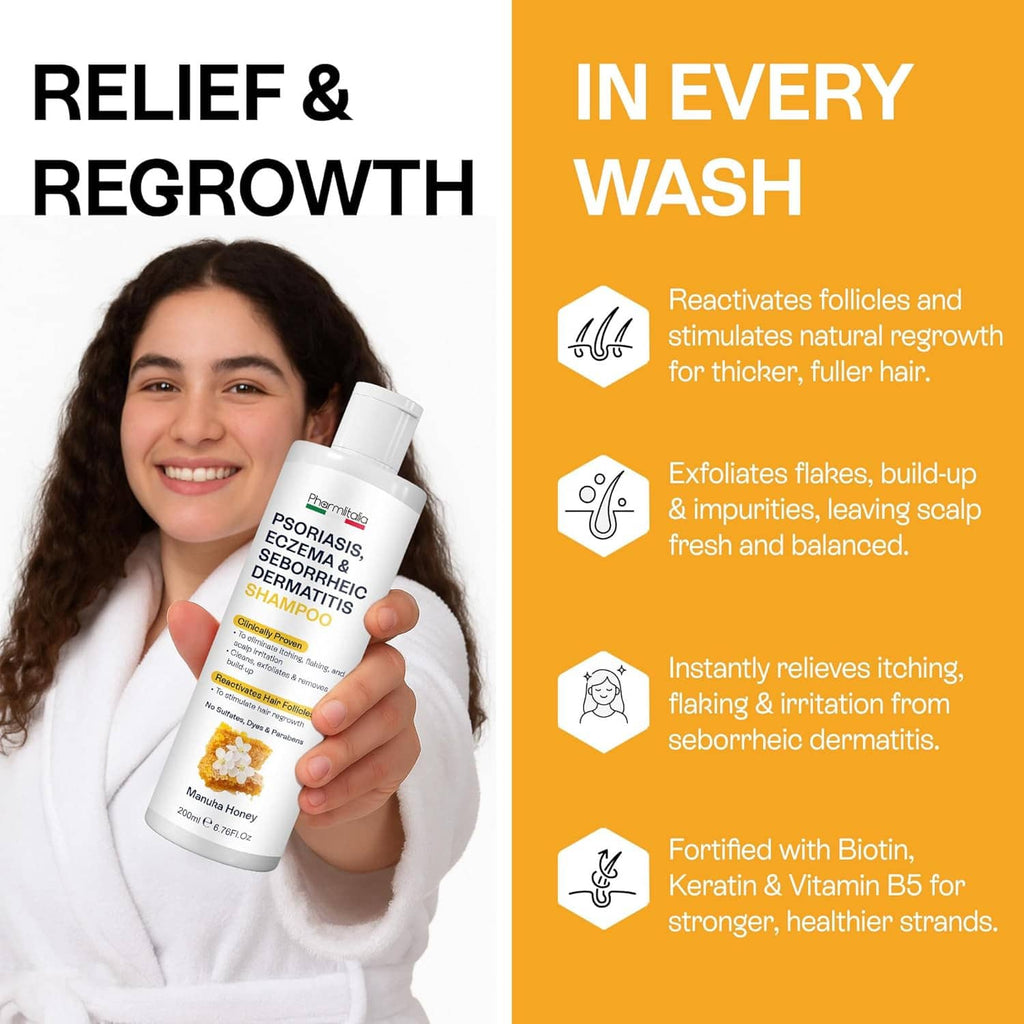 Salicylic acid scalp shampoo bottle held with relief and regrowth styling