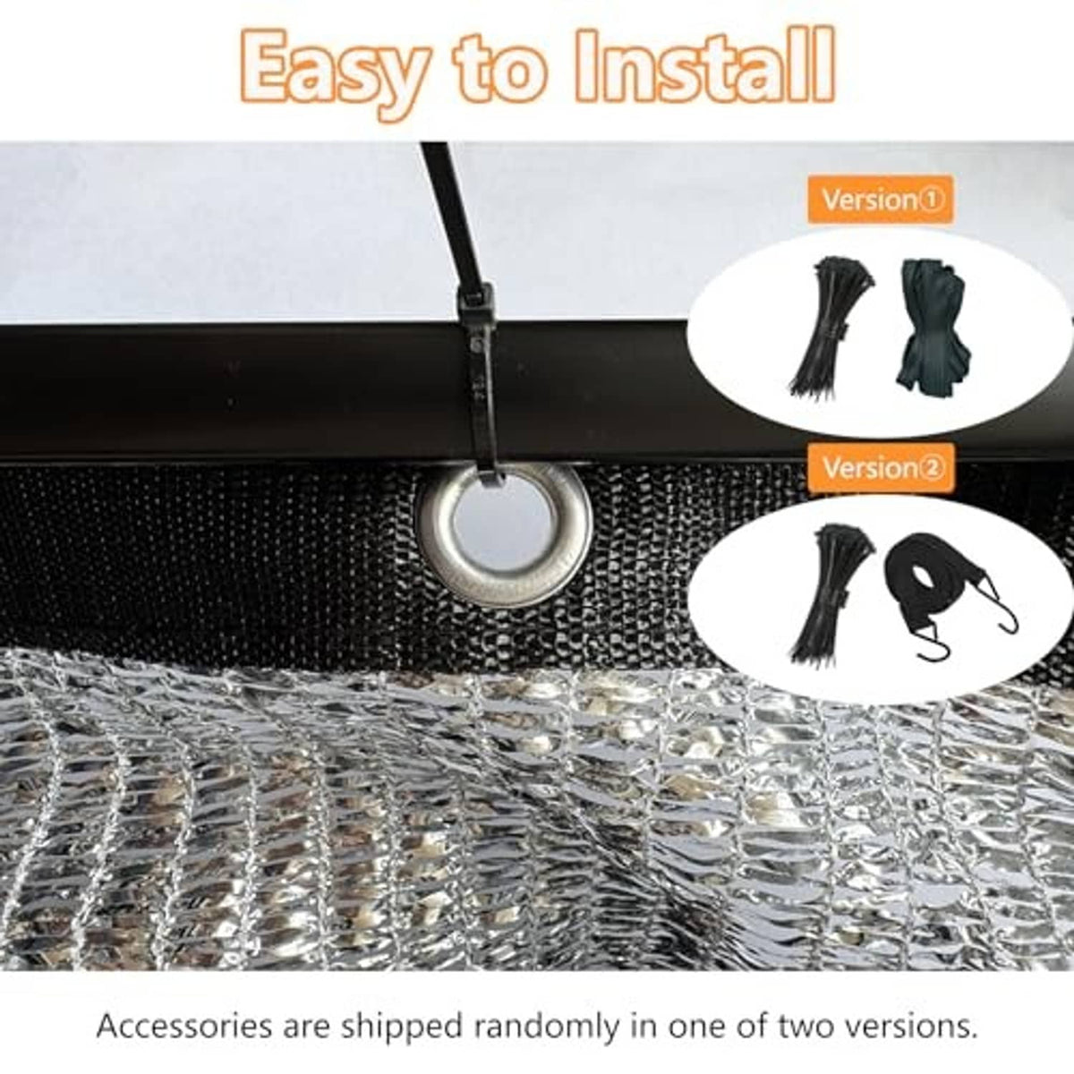 Shade cloth corner with metal grommet and attachment cable ties, reinforced edge