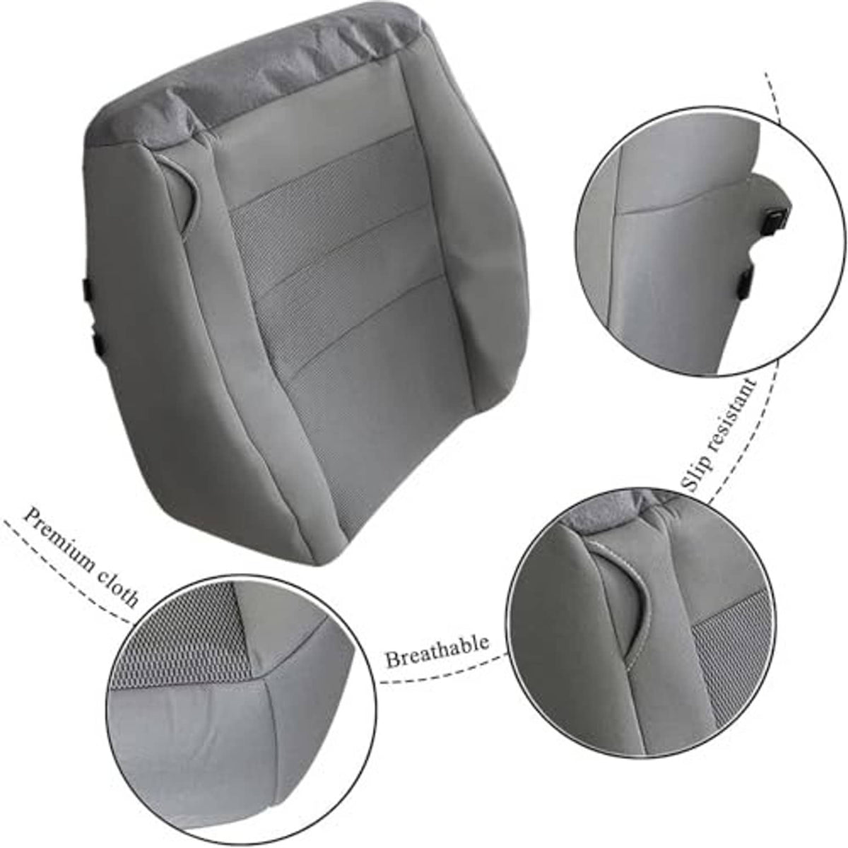 Flint gray cloth seat cover with breathable textured fabric and stitched seams