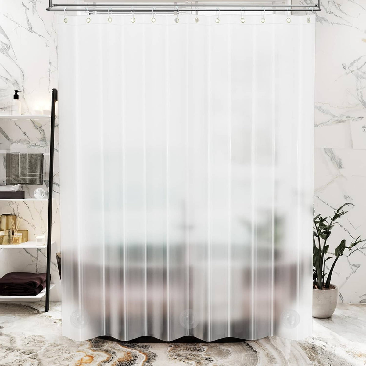 White shower curtain liner hanging over a bathtub with a soft, frosted look