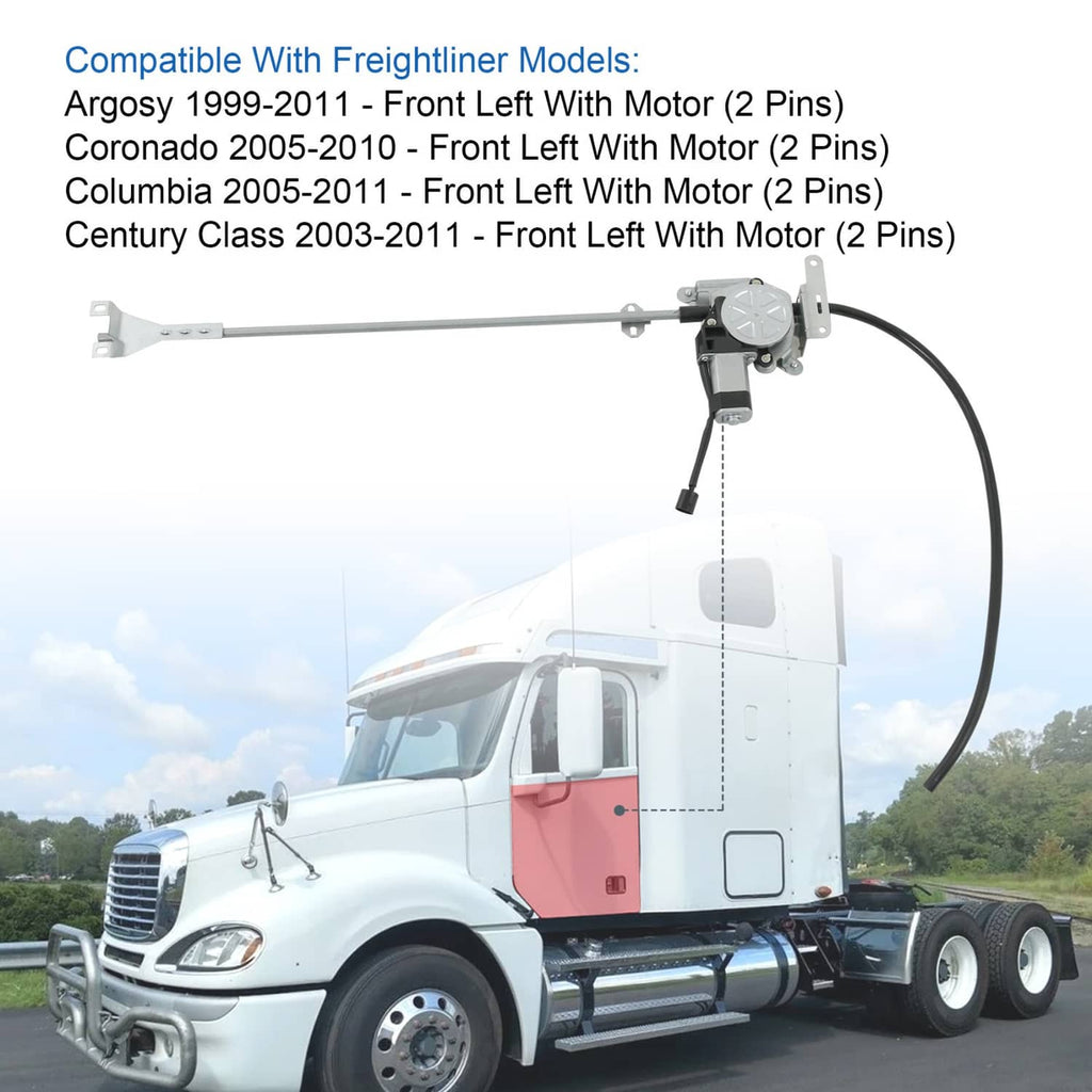 Power window regulator with motor mounted to front cab door frame