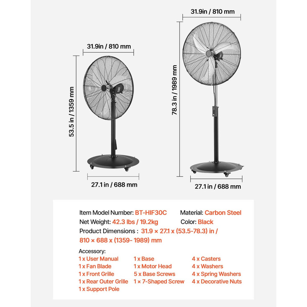 Industrial pedestal fan size diagram with front view, side view, and listed dimensions
