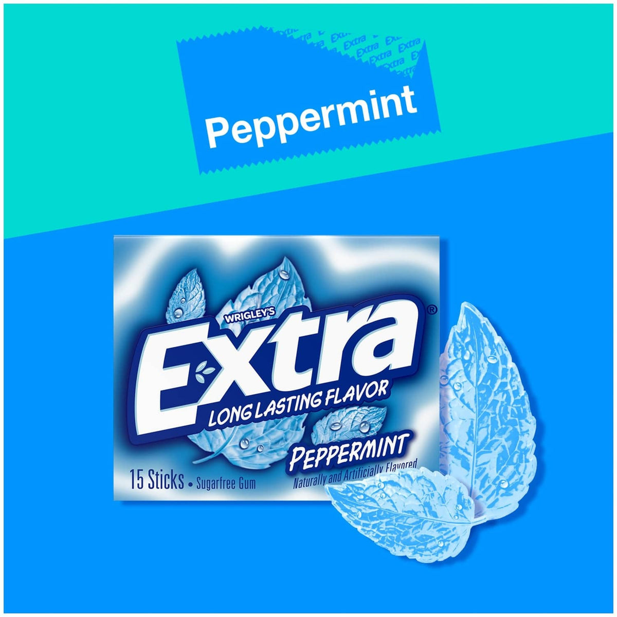 Peppermint sugarfree gum wrapper pack, Extra brand, 15 sticks