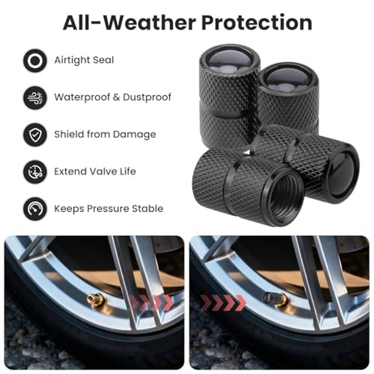 Black textured aluminum tire valve stem caps with all-weather protective design