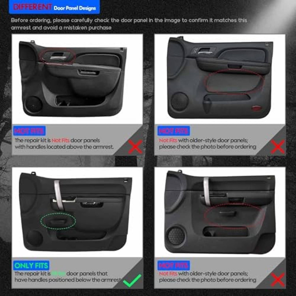 Black door armrest repair kit for compatible passenger-side door panel designs