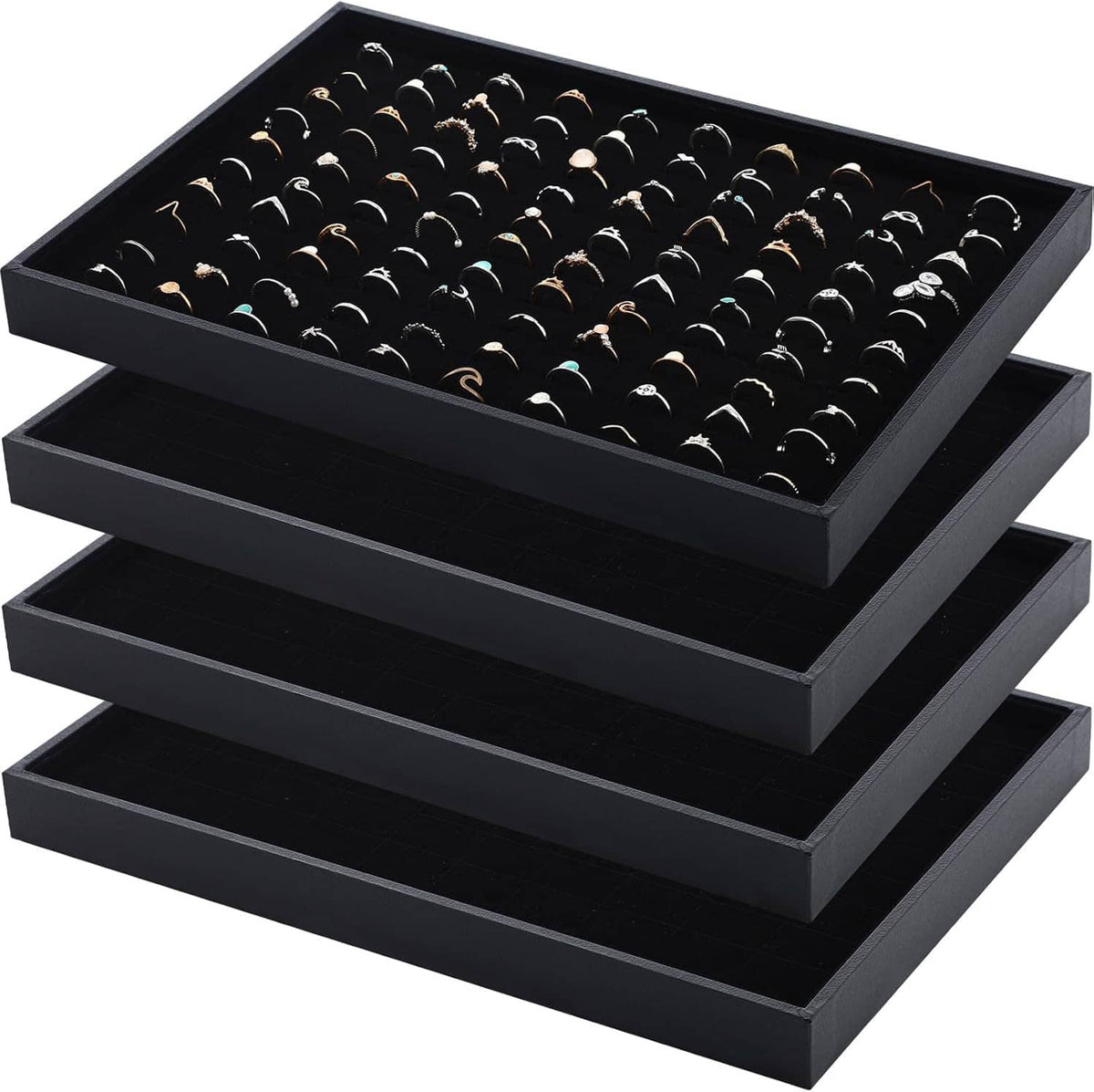 Stacked black velvet-lined ring holder trays with multiple 100-slot inserts