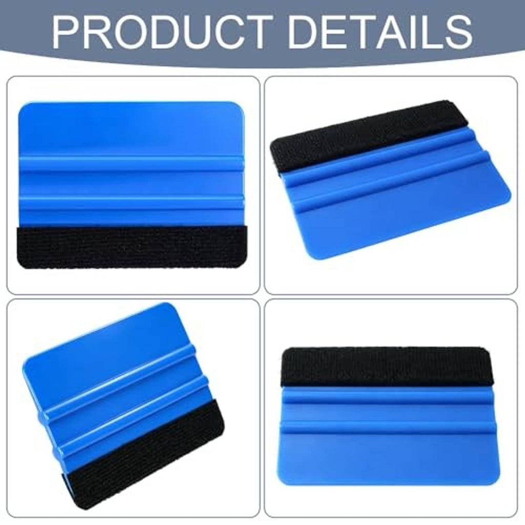 Blue plastic edge squeegee with black felt strip, detail views of vinyl wrap tool