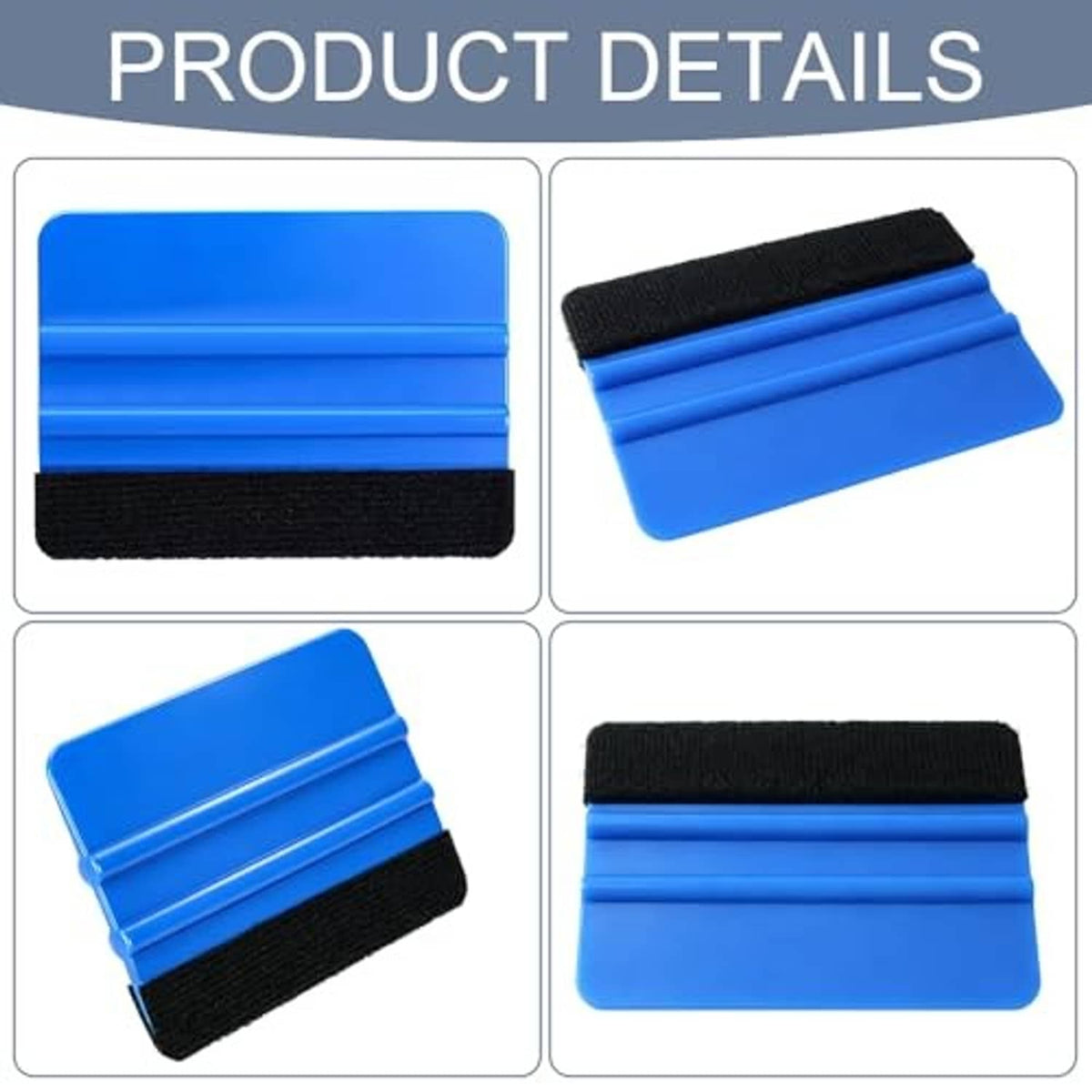 Blue plastic edge squeegee with black felt strip, detail views of vinyl wrap tool
