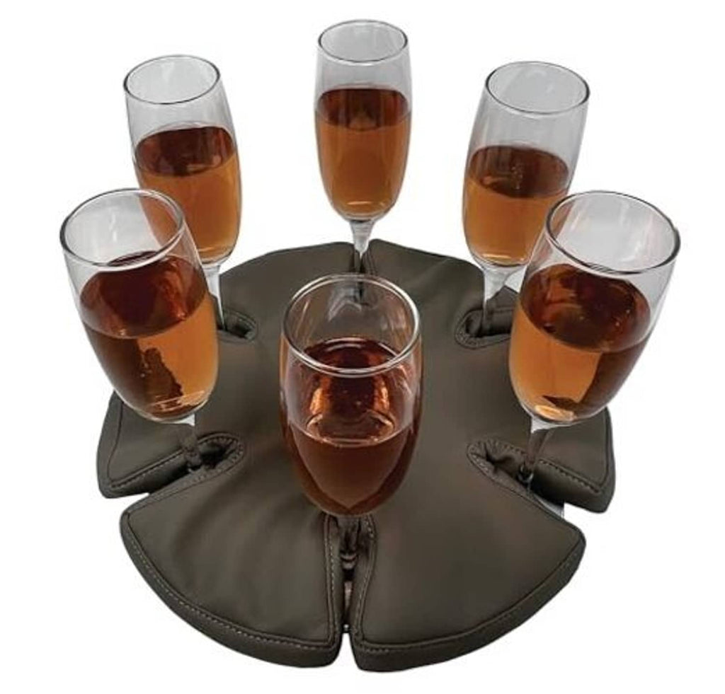 Gray leather wine glass holder with one center and five side glass cups