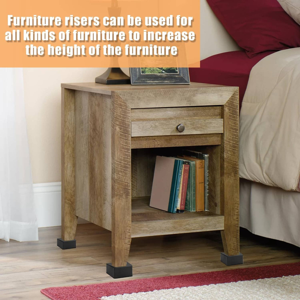Furniture riser foot pads under furniture legs, black bases with brown felt coverings
