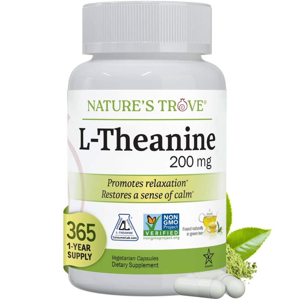 L-Theanine 200 mg 365 vegetarian capsules supplement bottle, front label view