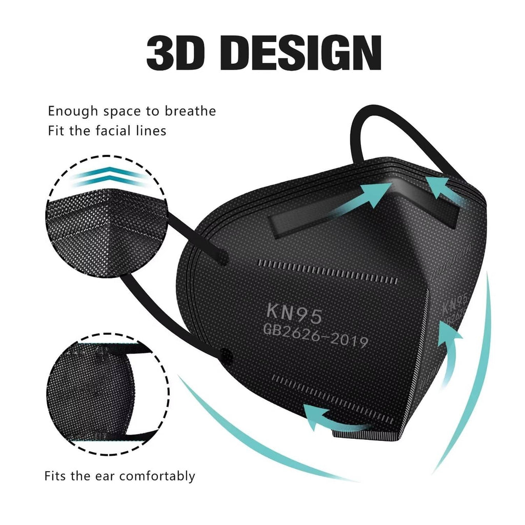 Black KN95 3D face mask design with snug fit and adjustable nose area