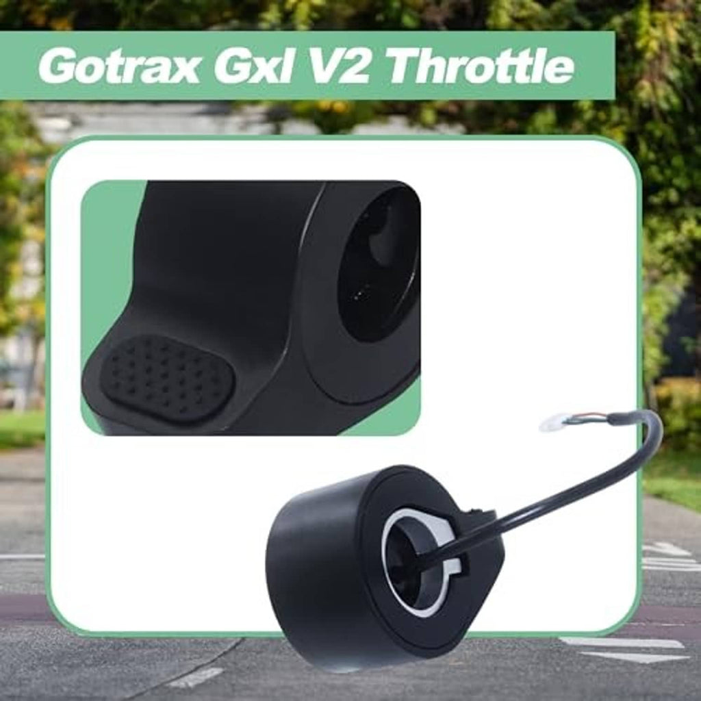 Black electric scooter thumb throttle with textured pad, circular dial, and wire harness