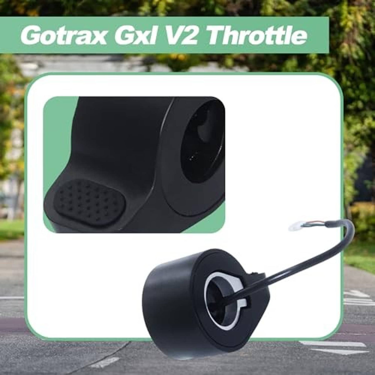 Black electric scooter thumb throttle with textured pad, circular dial, and wire harness