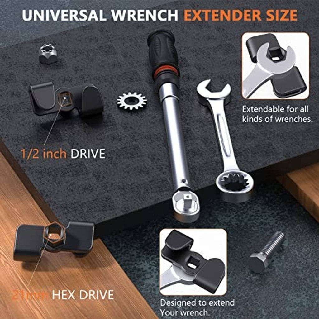 Universal wrench extender kit with black adapter and extension wrench head