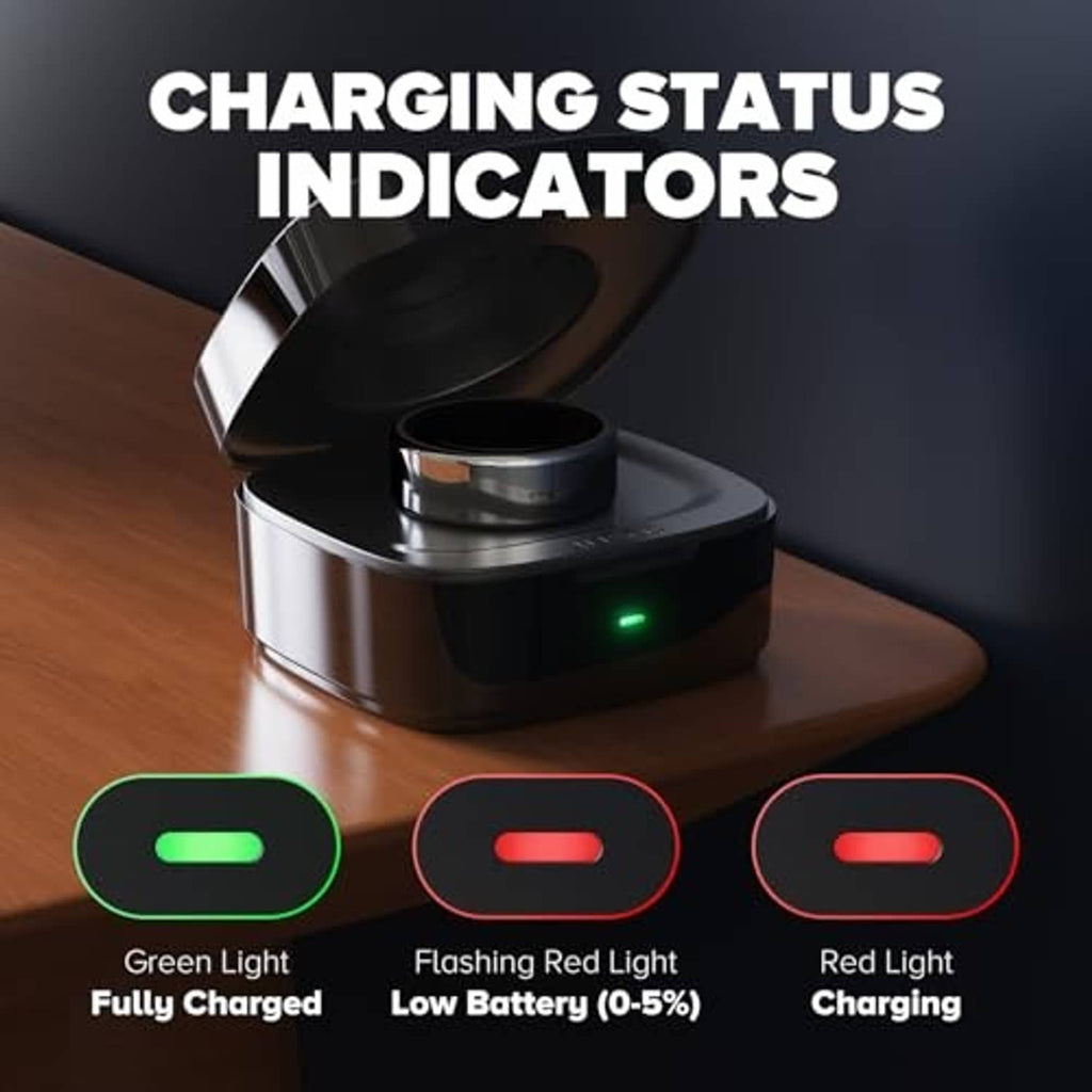 Black charging case with green charging status light indicator
