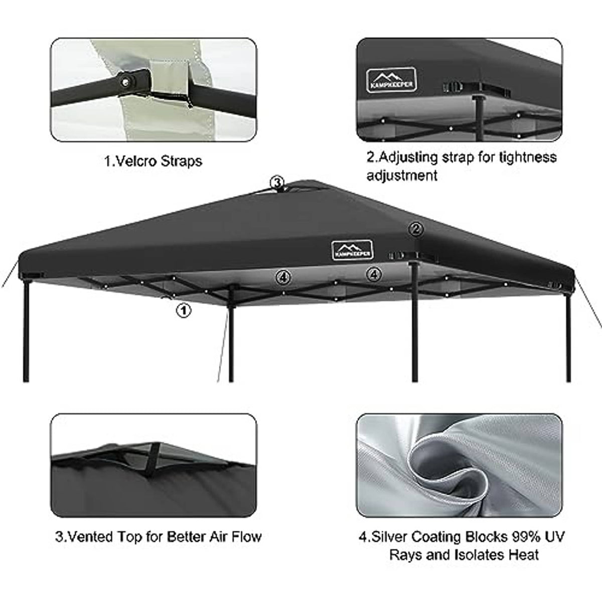 Black canopy top cover with velcro straps, adjustable tie strap, and air vent