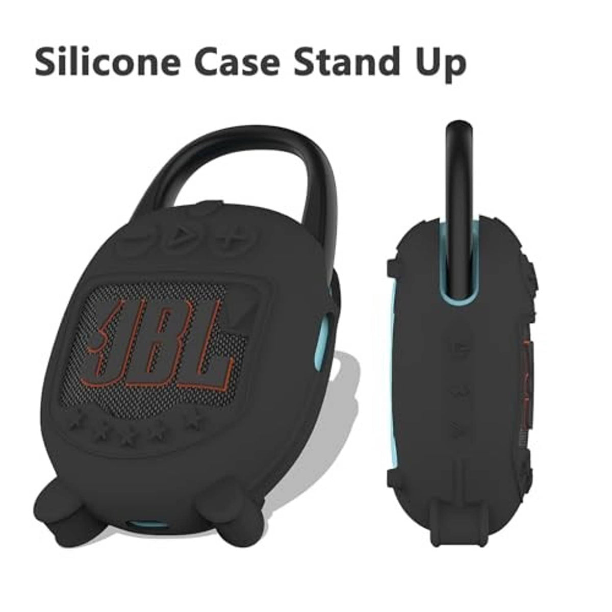 Silicone speaker case with carry loop, black with orange JBL logo panel