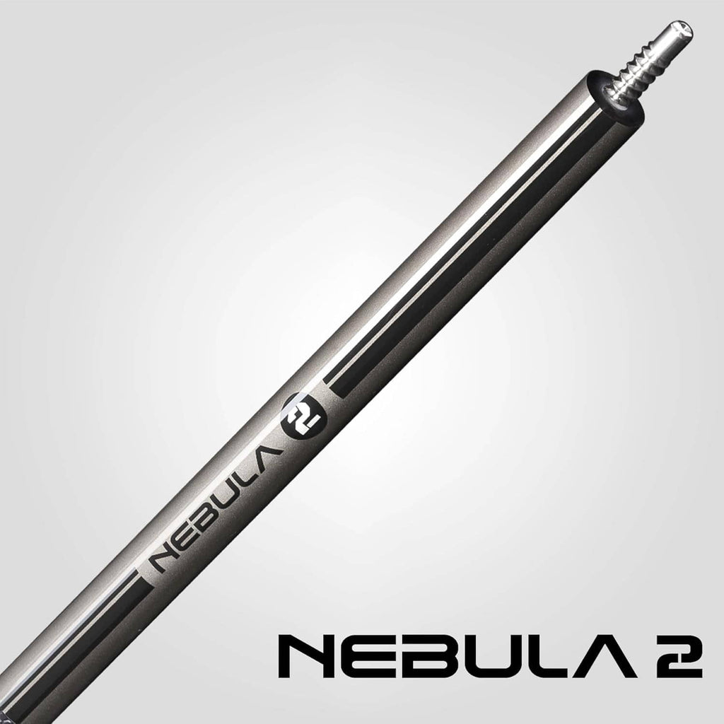 Pool cue shaft with black inlay stripe, silver finish, and metal joint collar.