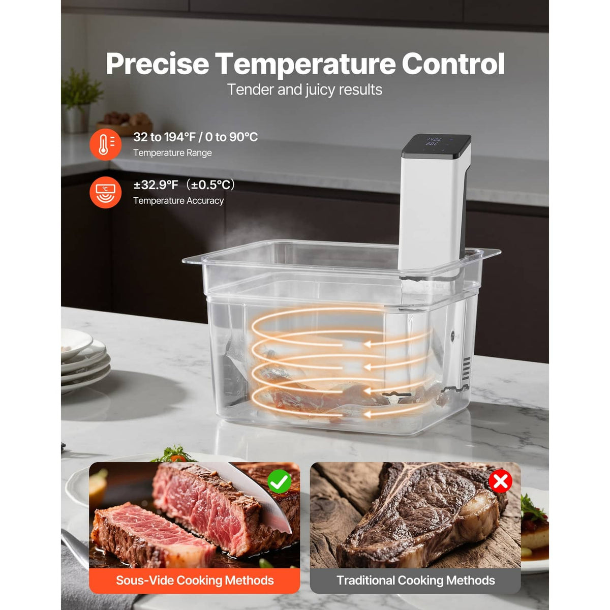 Sous vide precision cooker heating in a water bath with visible circulation