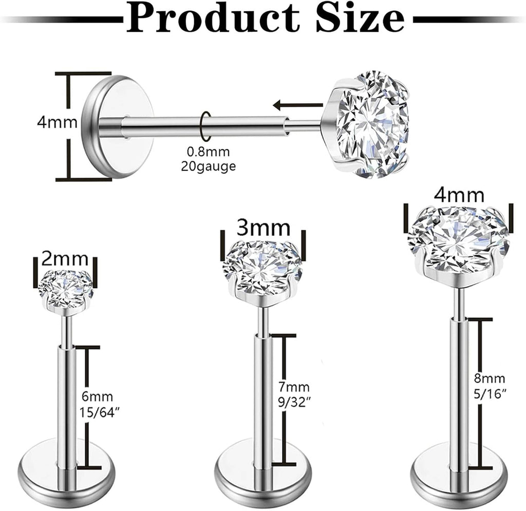 Silver flat-back barbell CZ stud earring with round clear stone on straight post