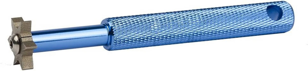Blue groove sharpener with metal star grinding head on blue shaft