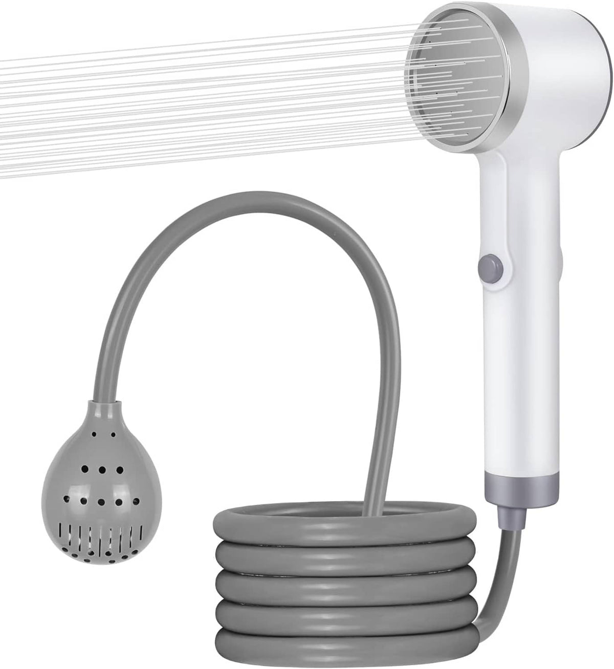Portable rechargeable shower pump with handheld head, coiled silicone hose, and nozzle