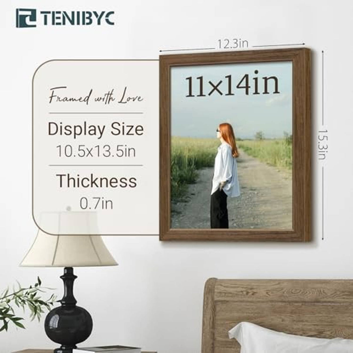 11x14 brown wood picture frame with clear glass, shown with display size