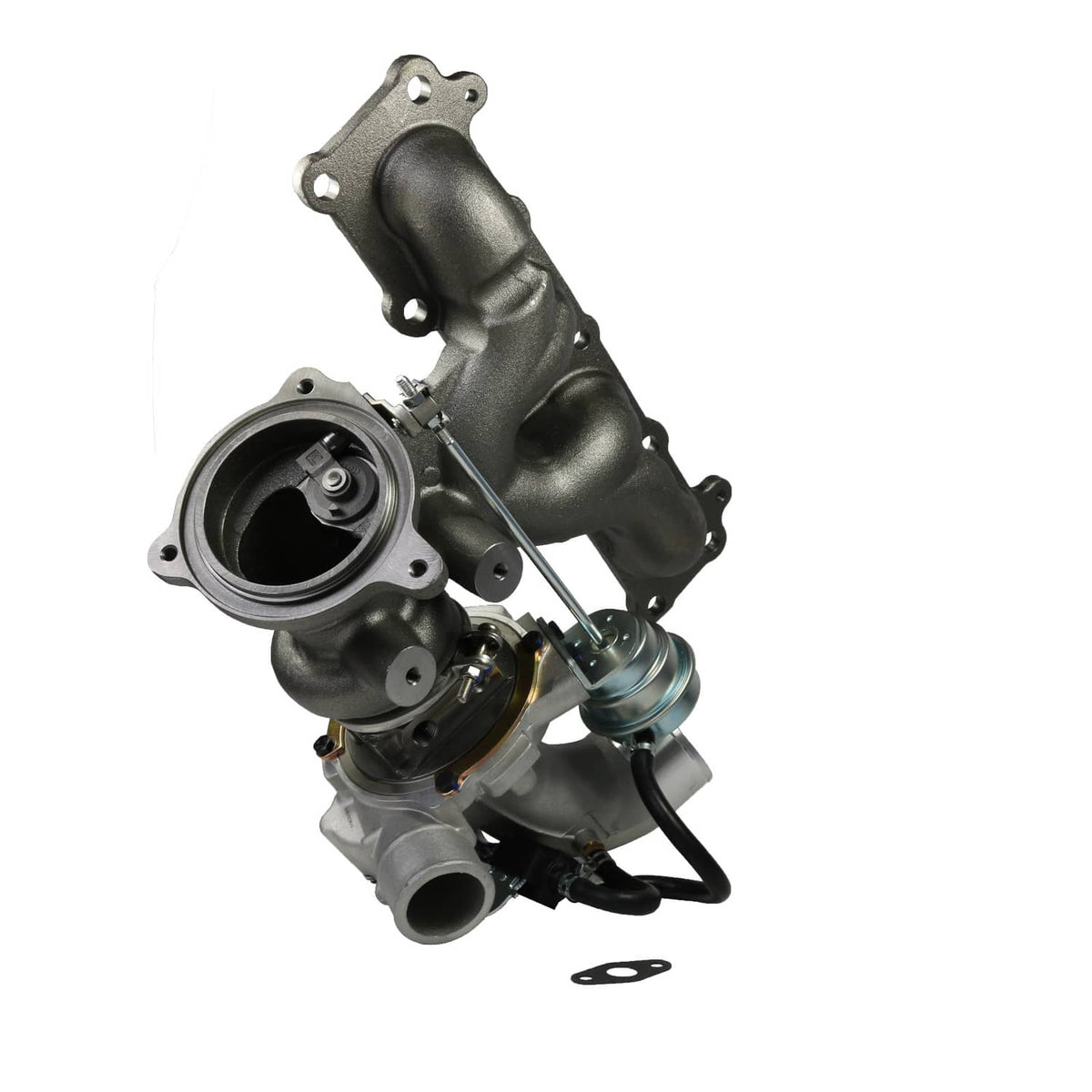 Turbocharger assembly with inlet housing, outlet flange, and attached wiring and hoses.