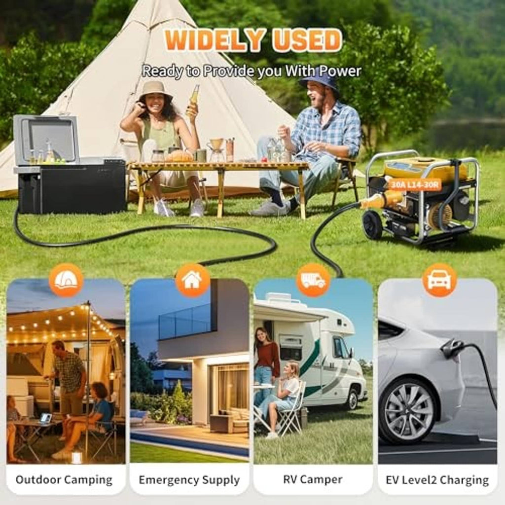 Yellow adapter connection in use with generator on grass campsite
