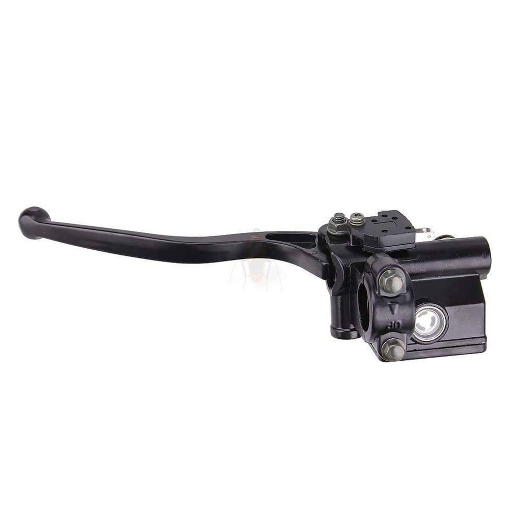 Black brake master cylinder with curved lever and round cap on the reservoir