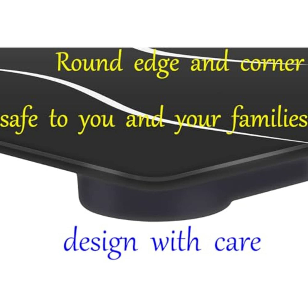 Black bathroom scale with rounded edges and corners; tempered glass top