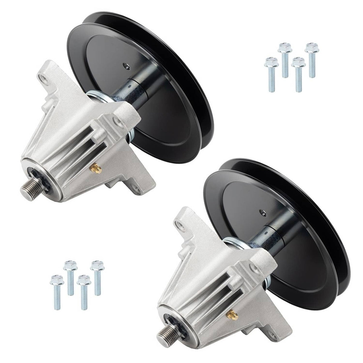 Two deck spindle assemblies with black pulley wheels and silver housings, angled view