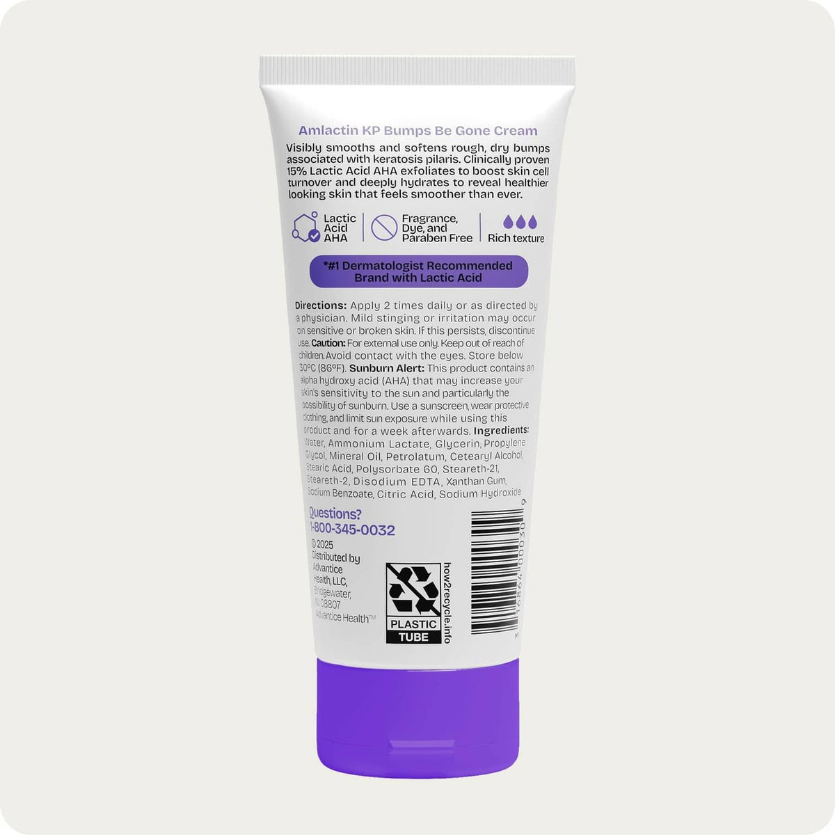 Back view of white and purple body cream tube with barcode