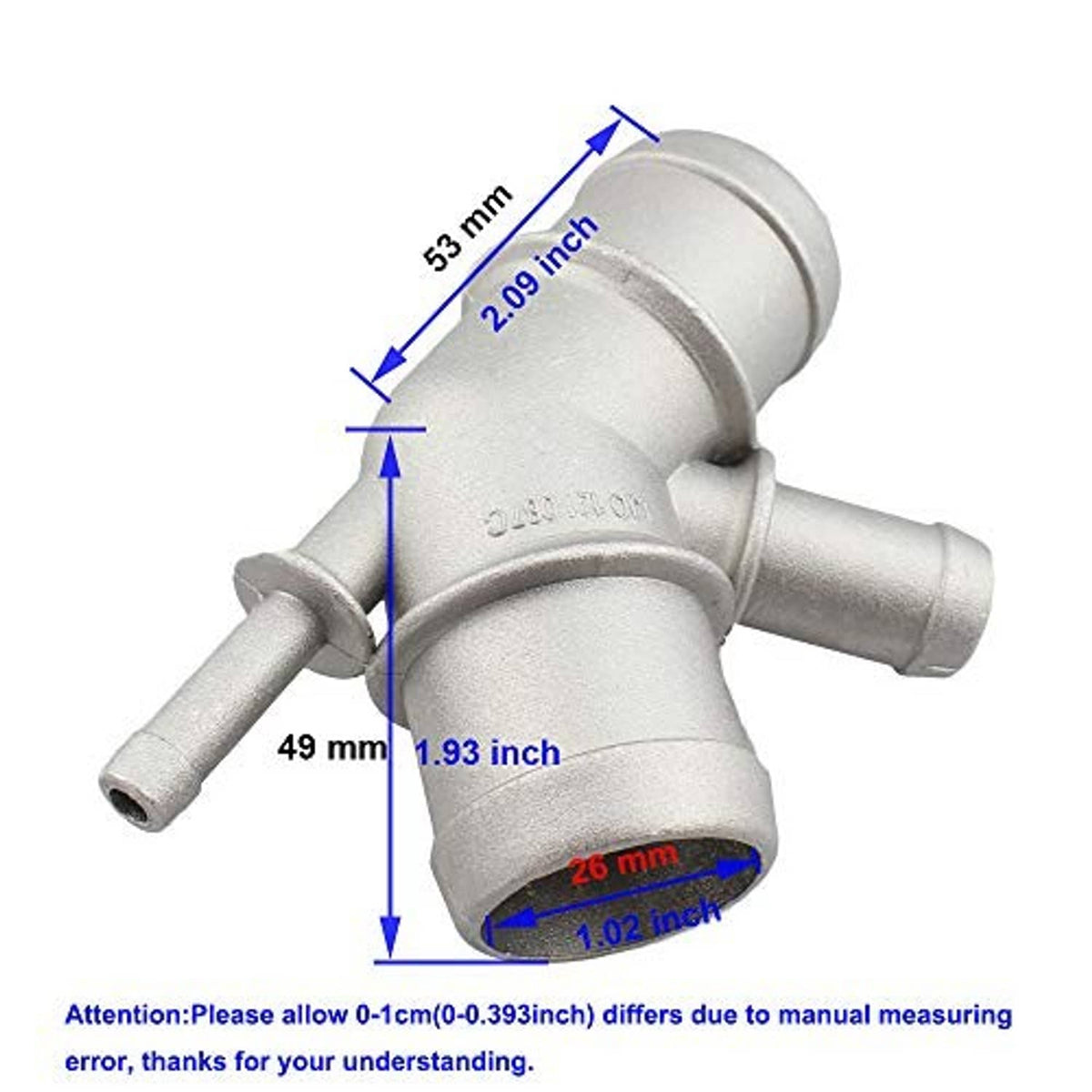 Light gray aluminum coolant pipe fitting with curved body and three-way openings.