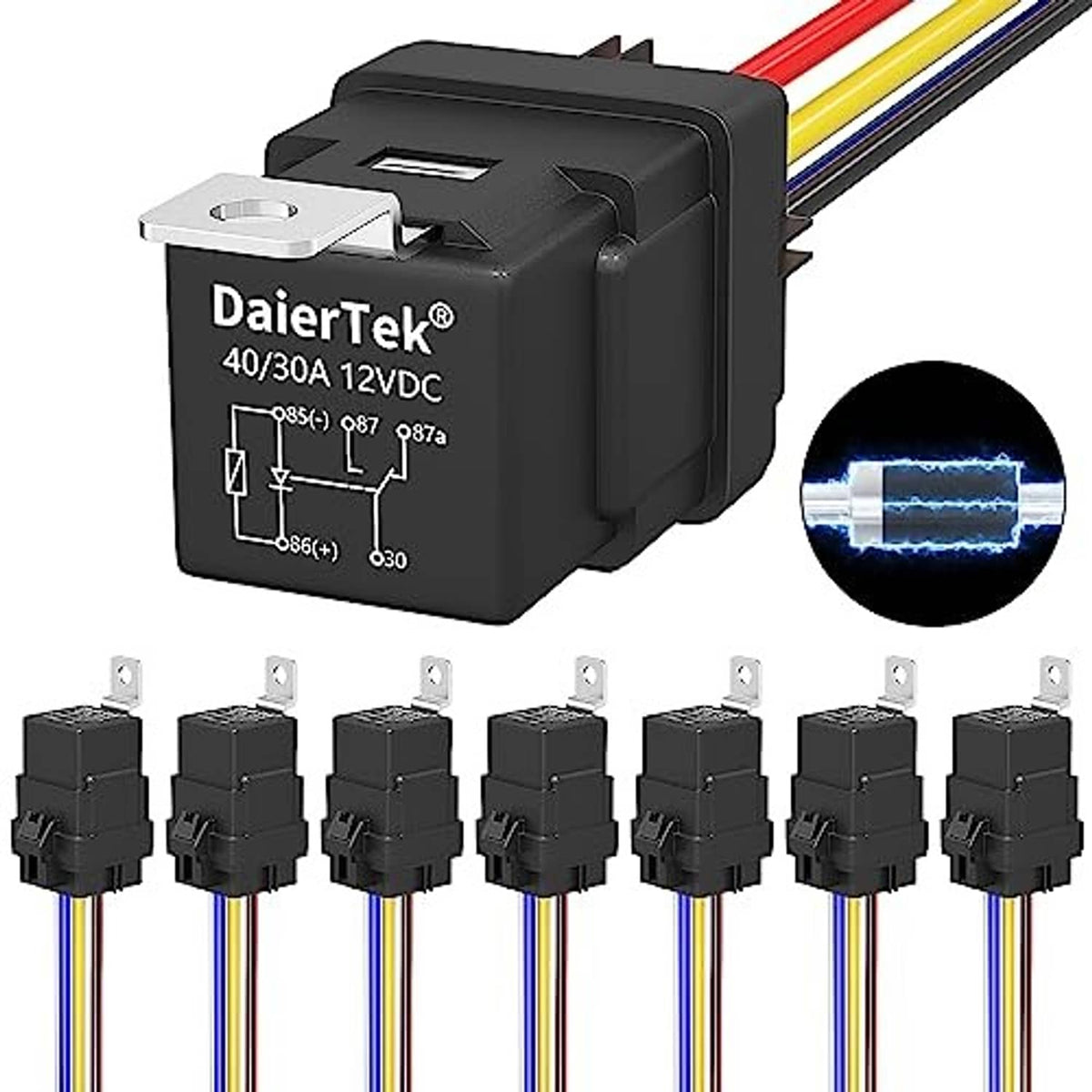 12V relay module with diode, black casing, and multiple pin connectors with colored wires