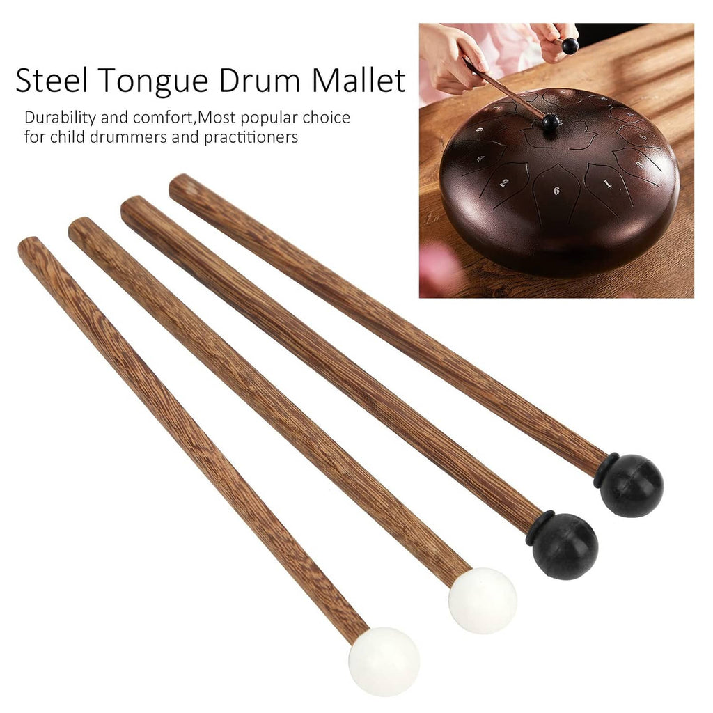 4-piece steel tongue drum mallet set with brown handles and black/white rubber mallet heads