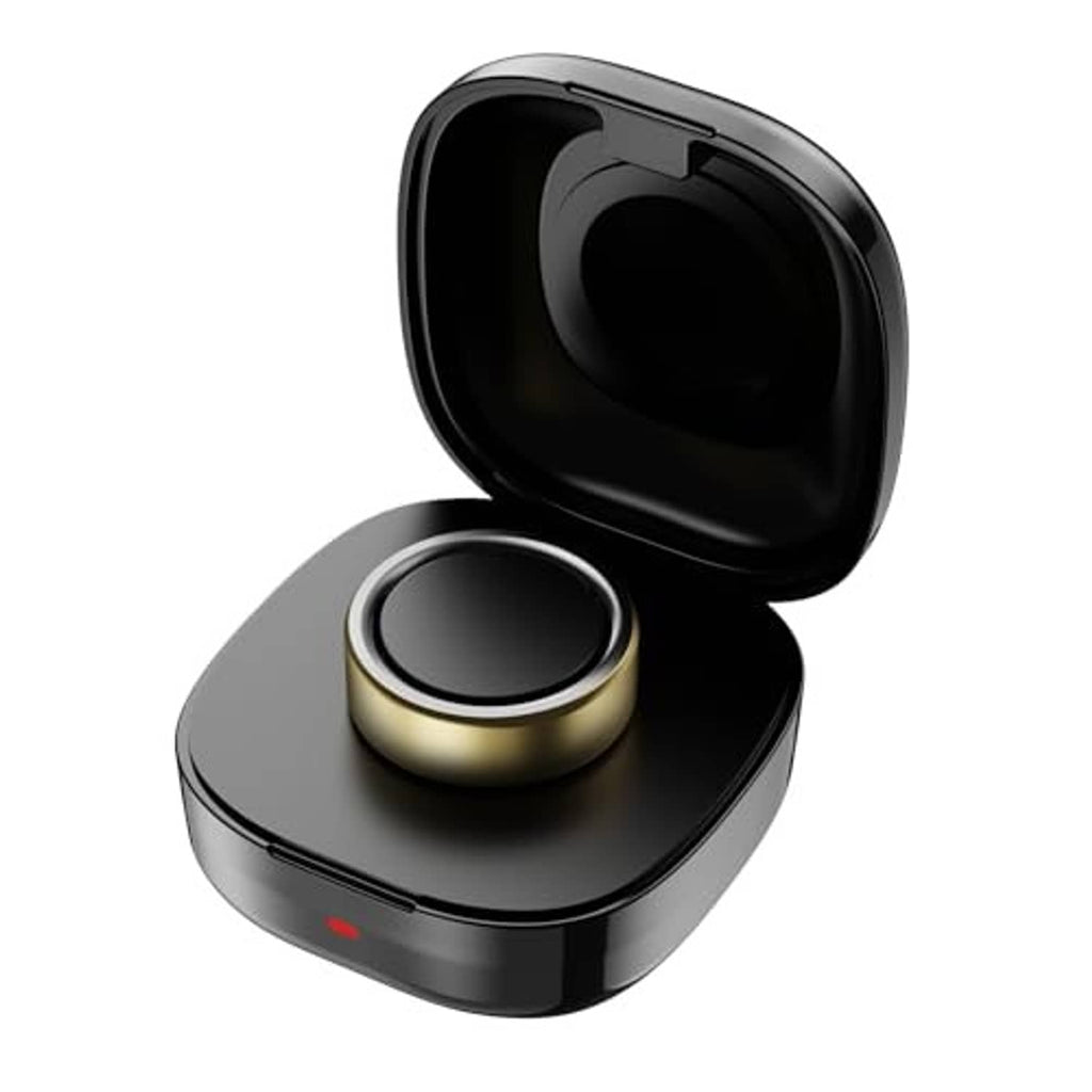 Black wireless ring charging case with open lid, gold round charging pad and indicator light