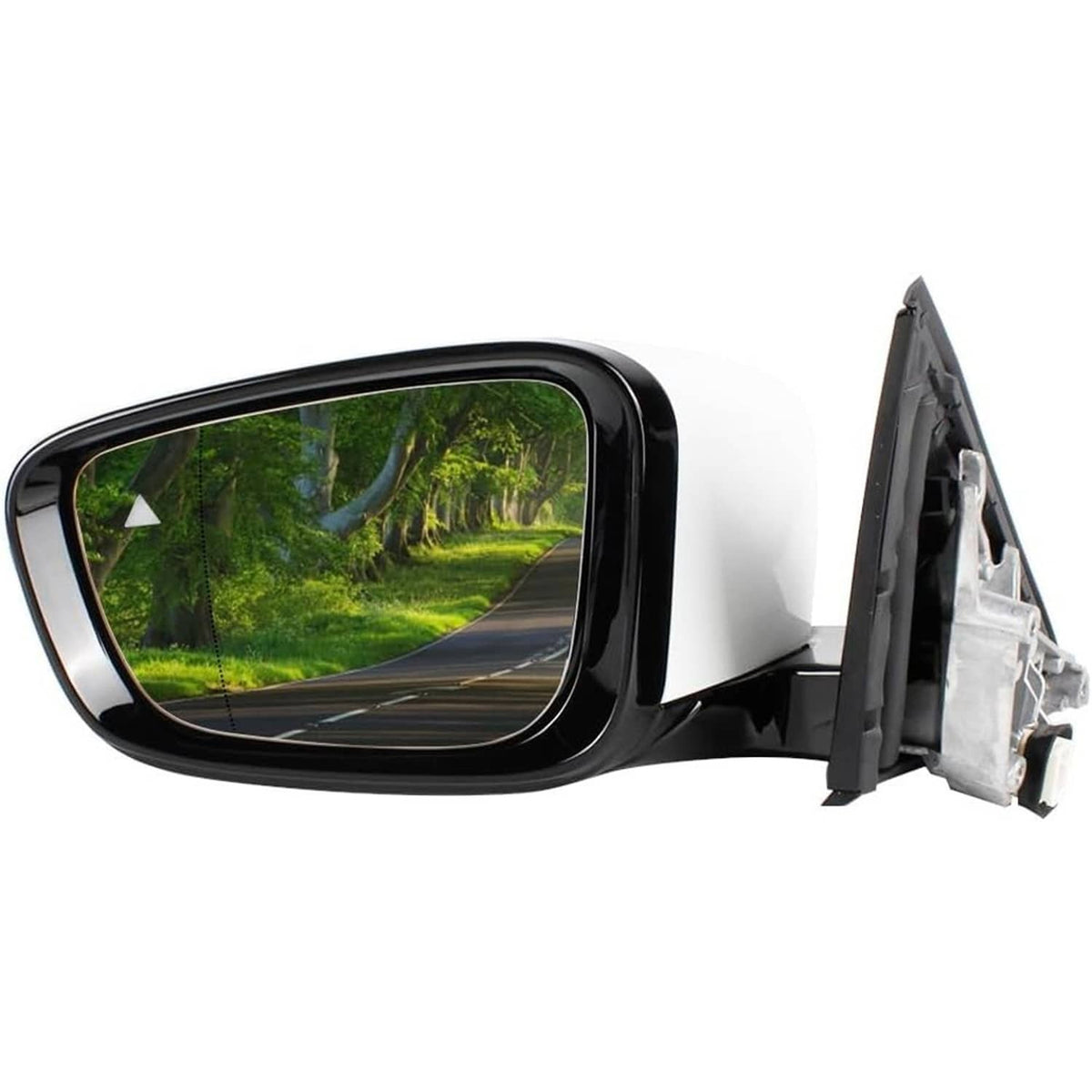 Left driver side mirror with white housing, black trim, and reflective glass window