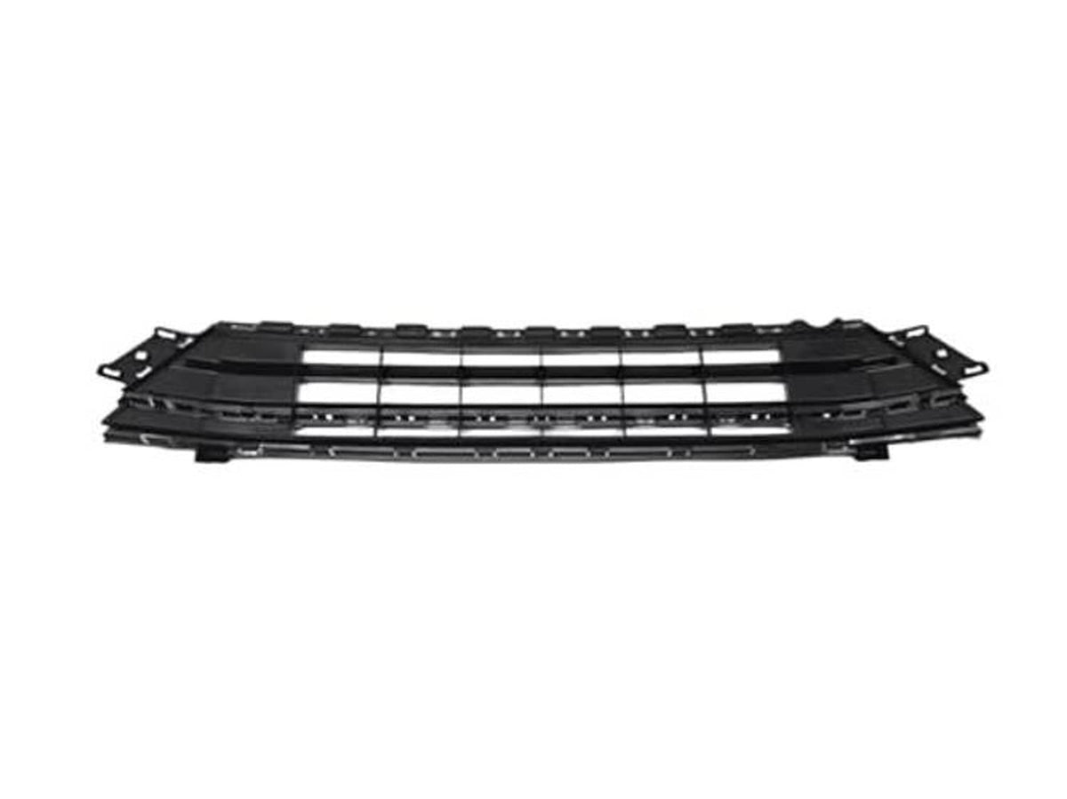 Front lower bumper grille, black plastic with mounting tabs and inner slat grid