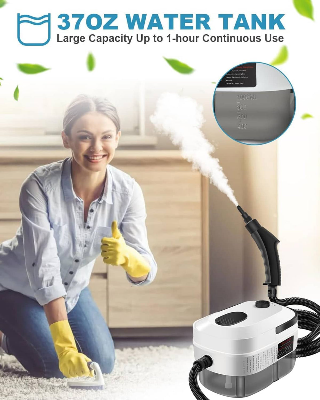 Handheld steam cleaner releasing steam near a person mopping the floor with hose.
