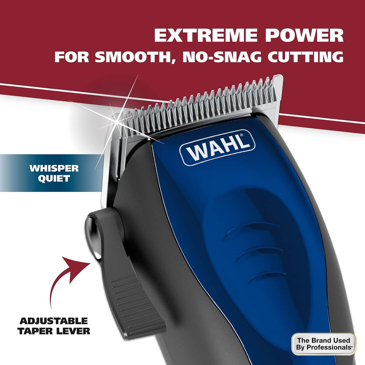 Blue and black corded hair clipper with adjustable taper lever