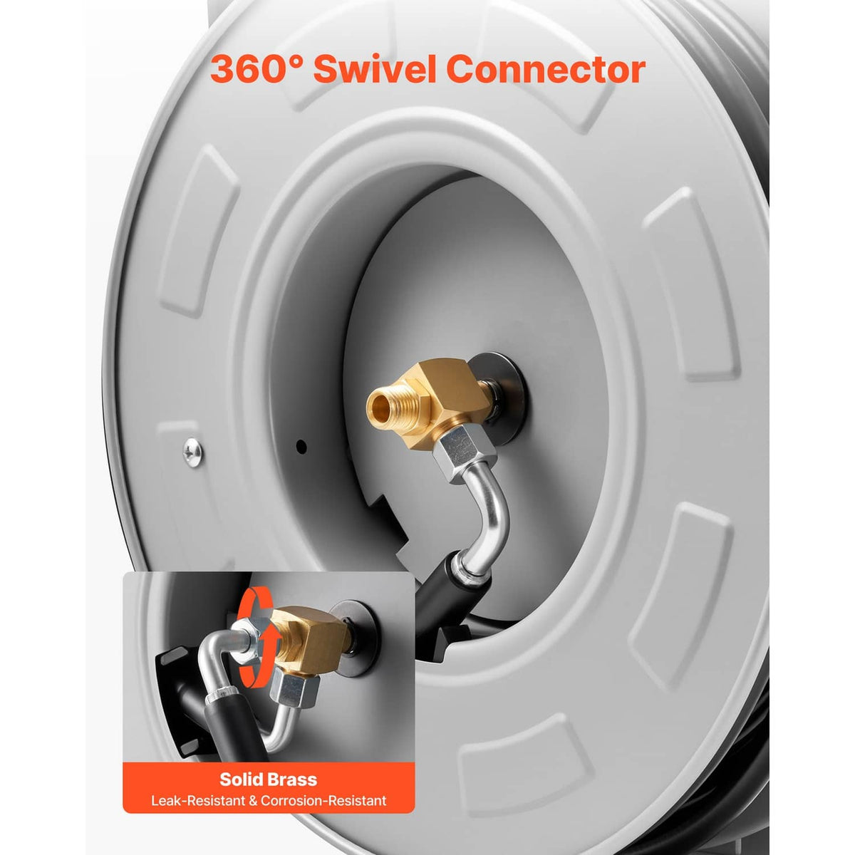 Retractable pressure washer hose reel with 360 swivel brass connector detail